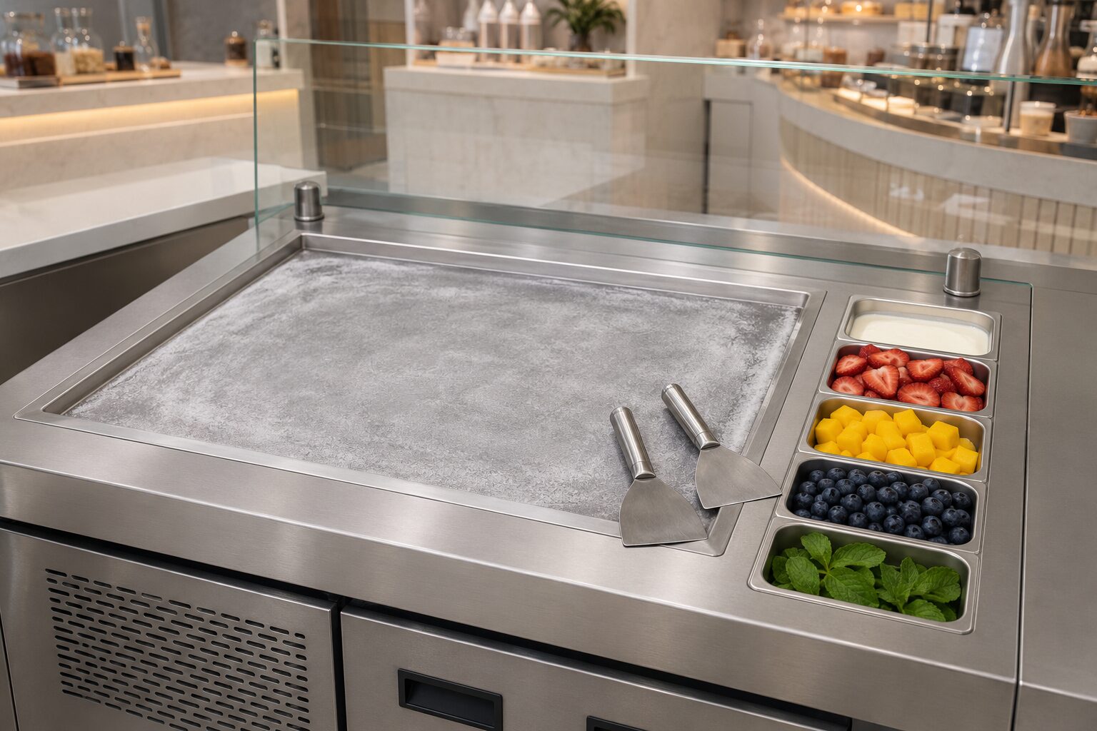 Generic commercial rolled ice cream machine station with square cold plate, two scrapers, and refrigerated ingredient pans