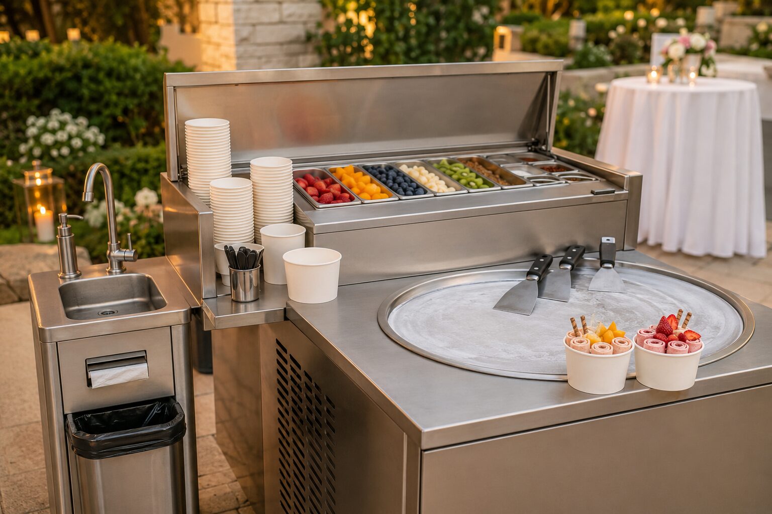 Mobile rolled ice cream business station with cold plate, refrigerated ingredients, serving supplies, and handwashing equipment