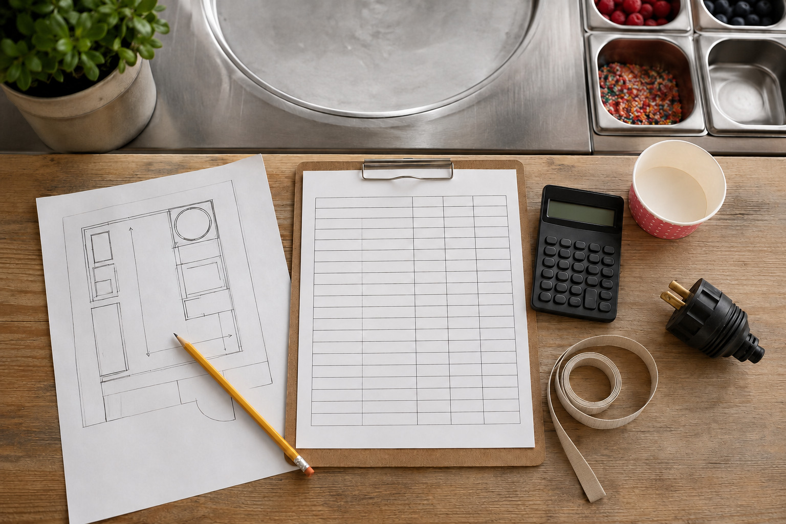 Rolled ice cream business startup cost planning with equipment layout, calculator, measuring tape, electrical reference, and serving cup