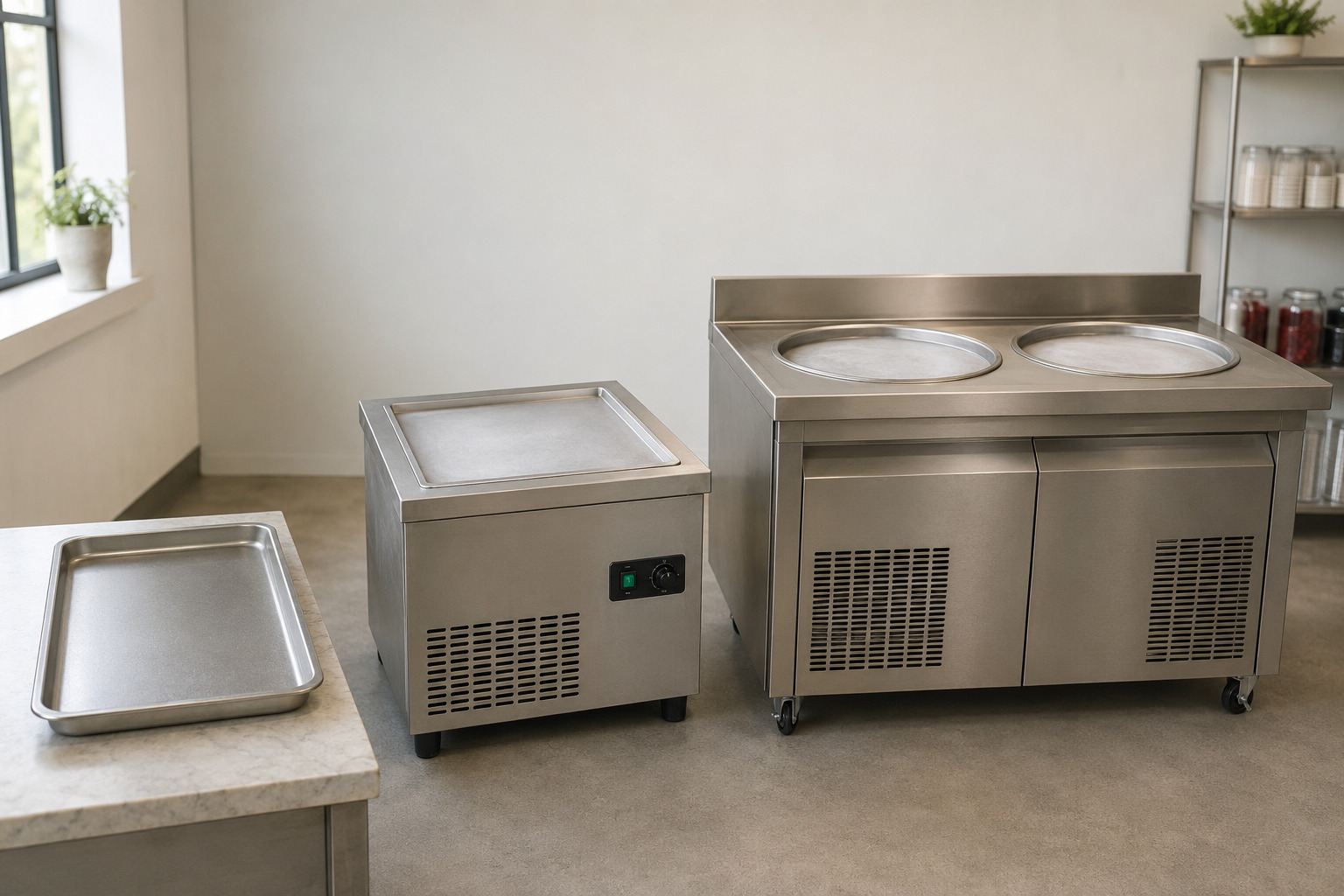 Rolled ice cream machine selector comparison showing home freezer tray, powered single cold plate, and commercial double-pan station