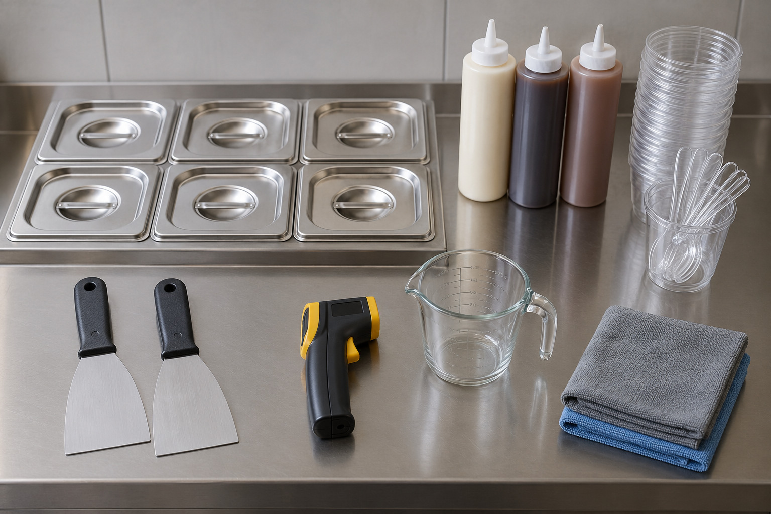 Essential rolled ice cream supplies including two scrapers, infrared thermometer, measuring cup, ingredient pans, bottles, cups, spoons, and cleaning cloths
